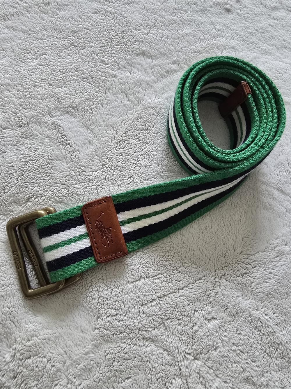 Polo by Ralph Lauren Green, White & Black Striped Web Belt with Leather Patch